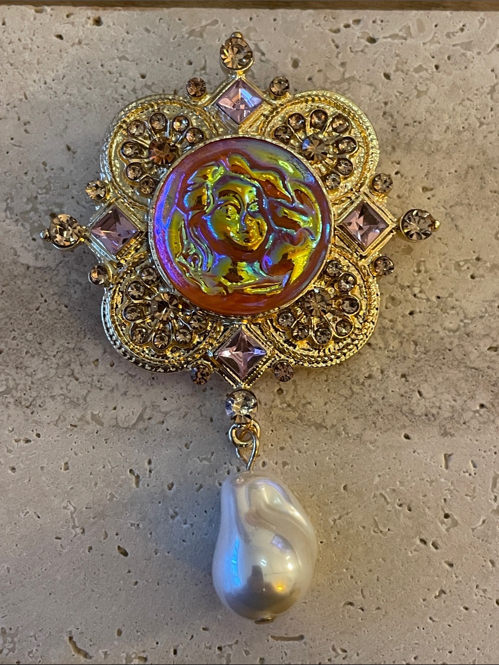 Gold-Tone Iridescent Cameo Brooch with Baroque Pearl Drop